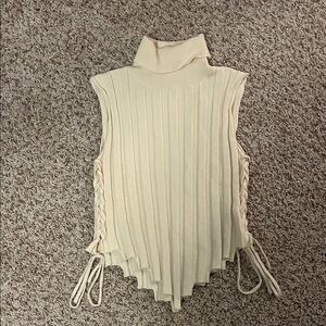 Cream Sleeveless Ribbed Turtleneck Top